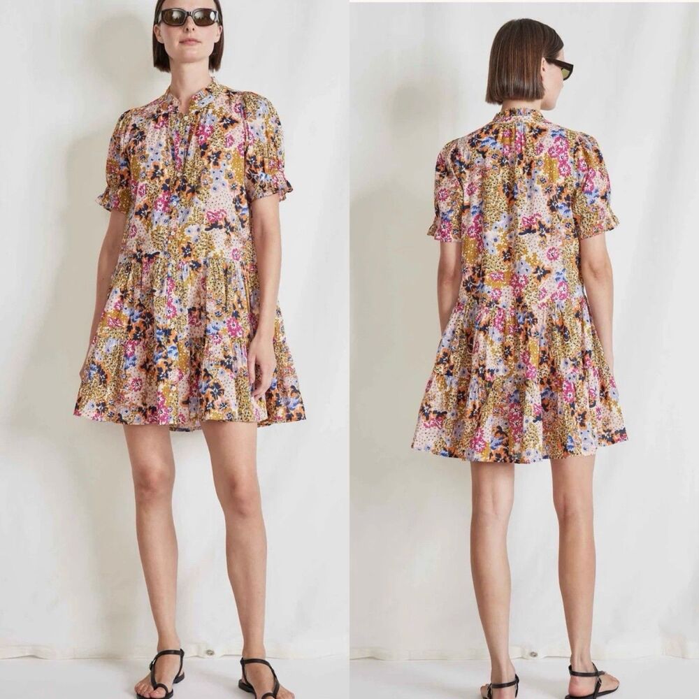 Apiece Apart Las Alturas Floral-Print Puff-Sleeve Tiered Mini Dress Women's L